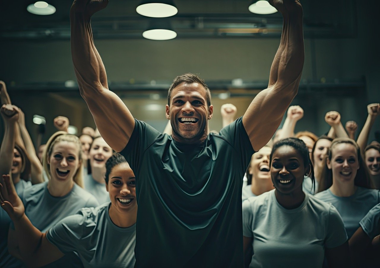 An executive leading a team-building exercise in a modern gym, with everyone participating in a